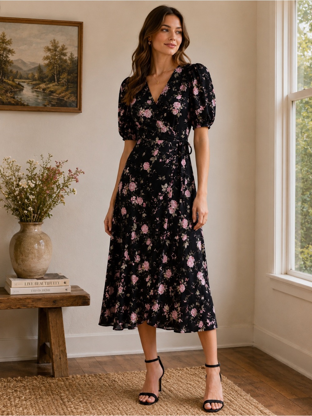 Saltwater Luxe Black Floral Wrap Midi Dress | Puff Sleeve | XS